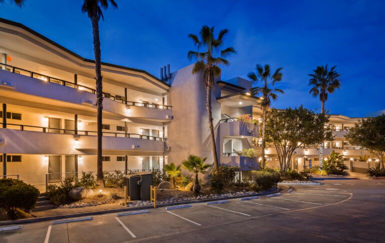 Hotel exterior at sunset